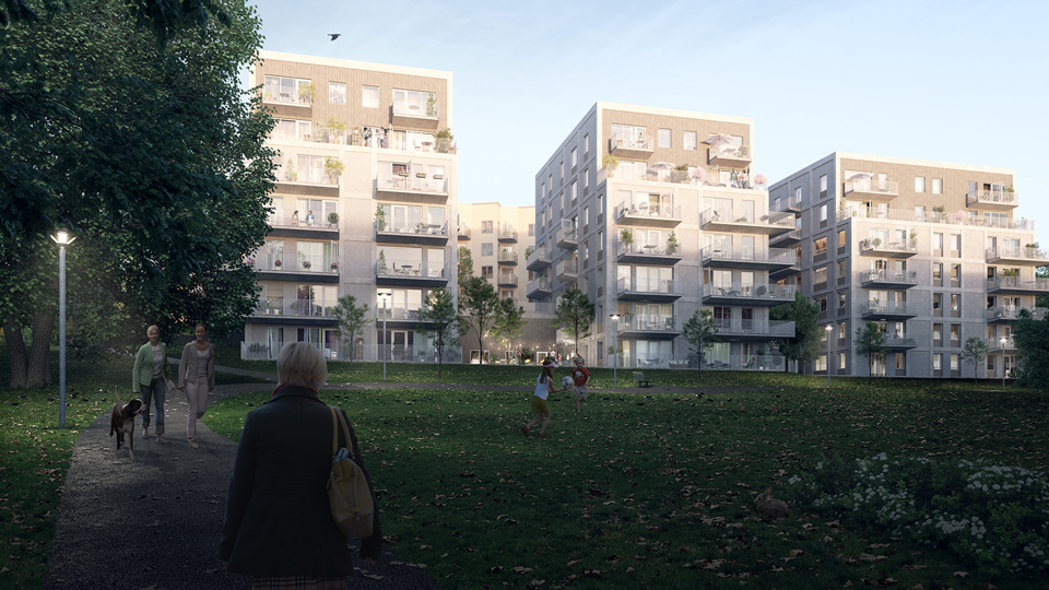 Vy från parkstråk mot flerbostadshus, Männiksor som promenerar på gångbana vid parkstråket. Barn som leker på gräsmatta. Illustration